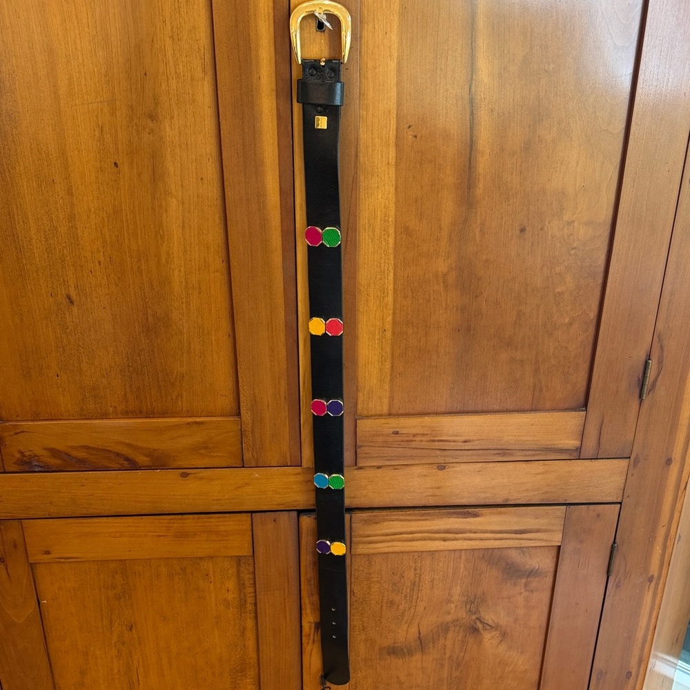 Vintage Carlisle Black Leather Belt w/Animal Skin Embossed Colorful Dots